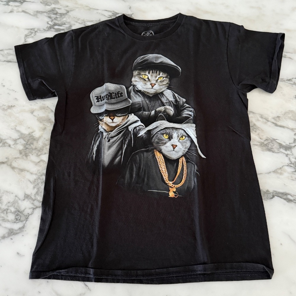 ODM Hug Life Cat Rap Hip Hop Graphic T-shirt Adult Sz‎ M Black Short Sleeve